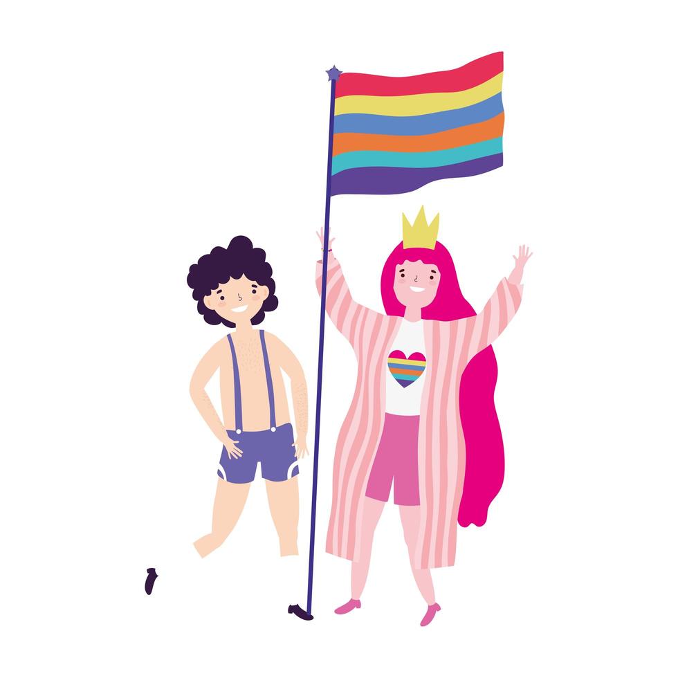 comunidade LGBT parada do orgulho, gay com fantasia de mulher com coroa e bandeira vetor