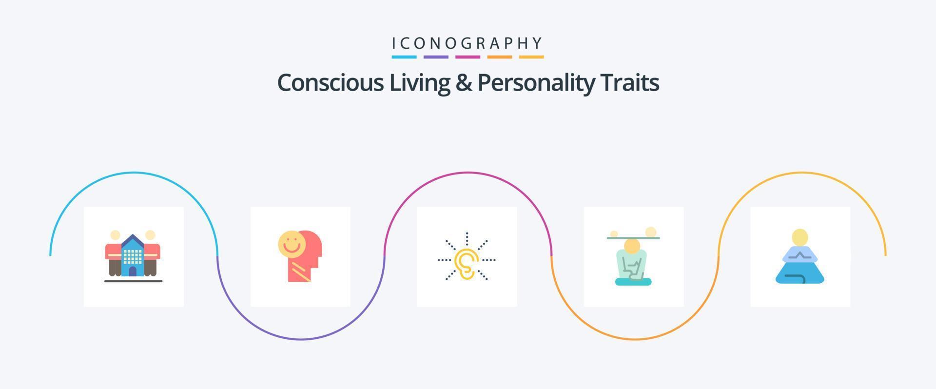 vida consciente e traços de personalidade flat 5 icon pack incluindo meditação. Saldo. vida. ouço. ouvir vetor