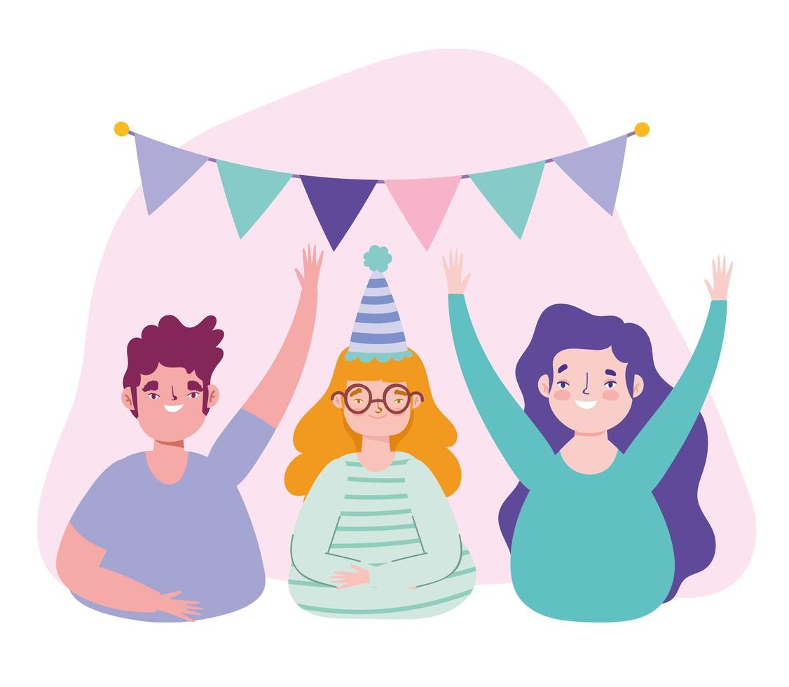 aniversário ou reunião de amigos, jovem e mulheres com um copo de vinho de chapéu e celebração de decoração de flâmulas vetor