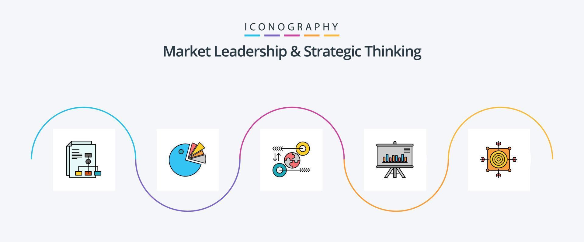 liderança de mercado e linha de pensamento estratégico preenchida com 5 ícones planos, incluindo . gráfico. quebra-cabeça. projeto. pertinente vetor