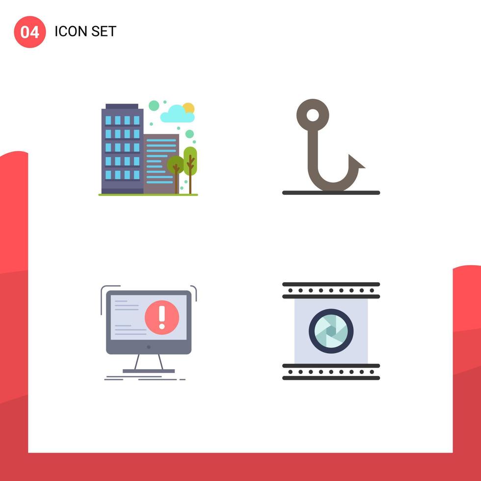 pacote de linha vetorial editável de 4 ícones planos simples de construção de vírus de gancho de escritório de ataque elementos de design vetorial editável vetor
