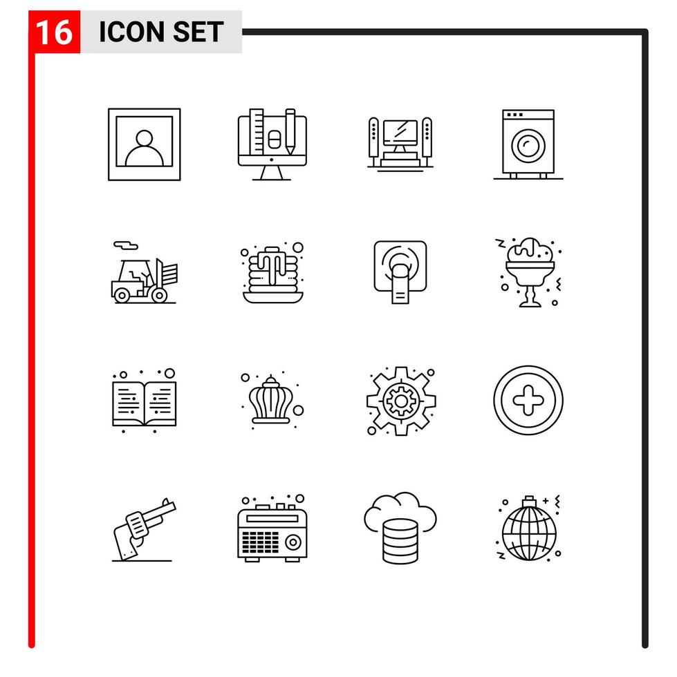 conjunto de esboço de interface móvel de 16 pictogramas de elementos de design de vetor eletrônico editável de hardware de servidor de empilhadeira de transporte