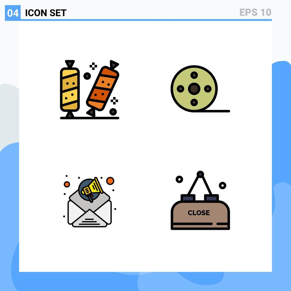 conjunto de pictogramas de 4 cores planas de linha preenchida simples de propaganda de doces filme de açúcar e-mail marketing elementos de design de vetores editáveis