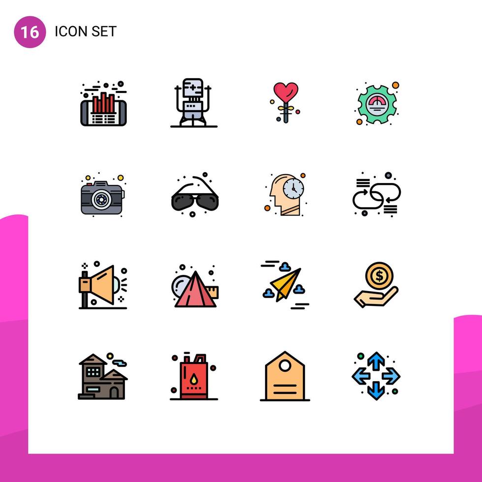 conjunto de pictogramas de 16 linhas preenchidas de cor plana simples de desempenho de câmera excelência médica dia dos namorados elementos de design de vetores criativos editáveis