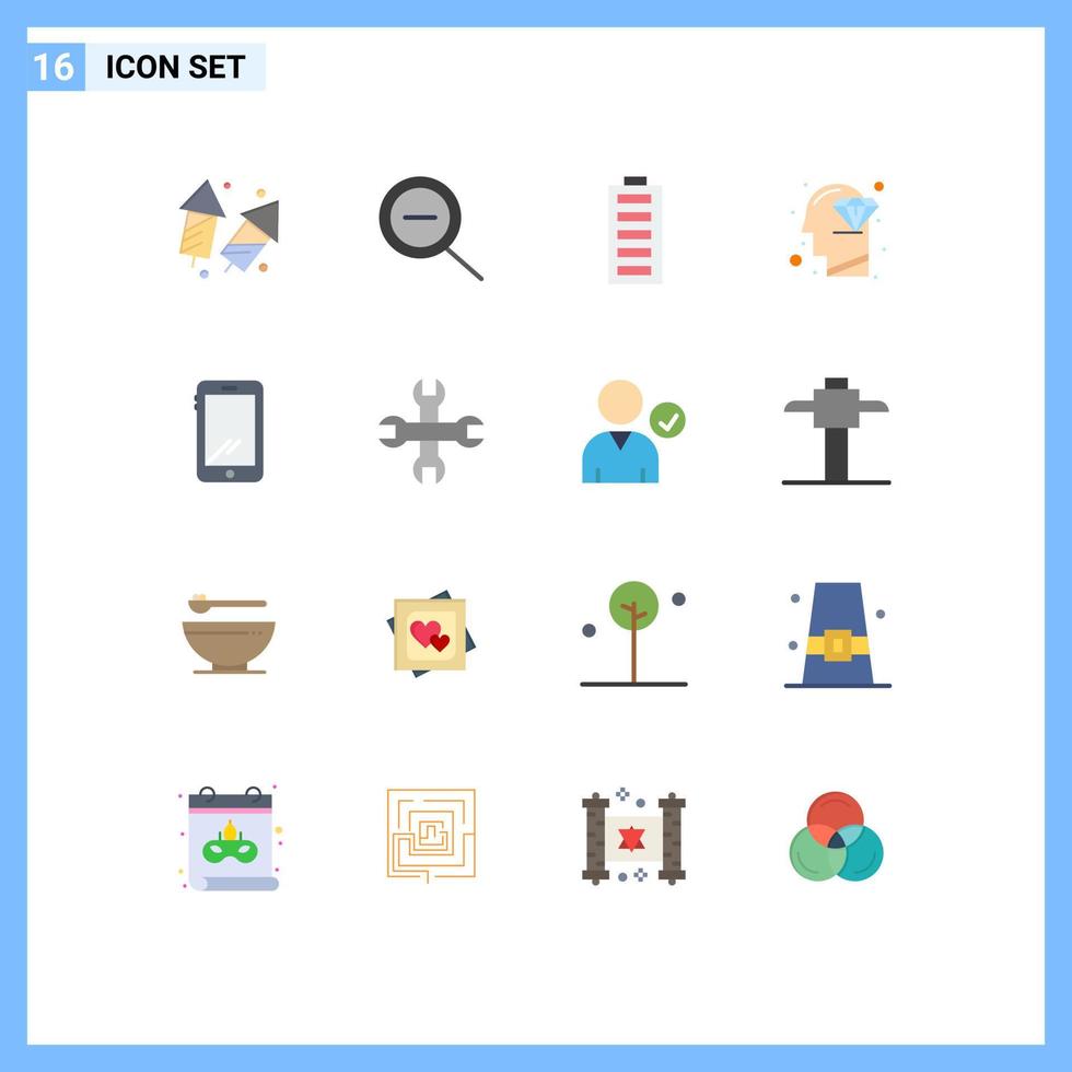 conjunto de cores planas de interface móvel de 16 pictogramas de cabeça de bateria de mente de telefone pacote editável completo de elementos de design de vetores criativos