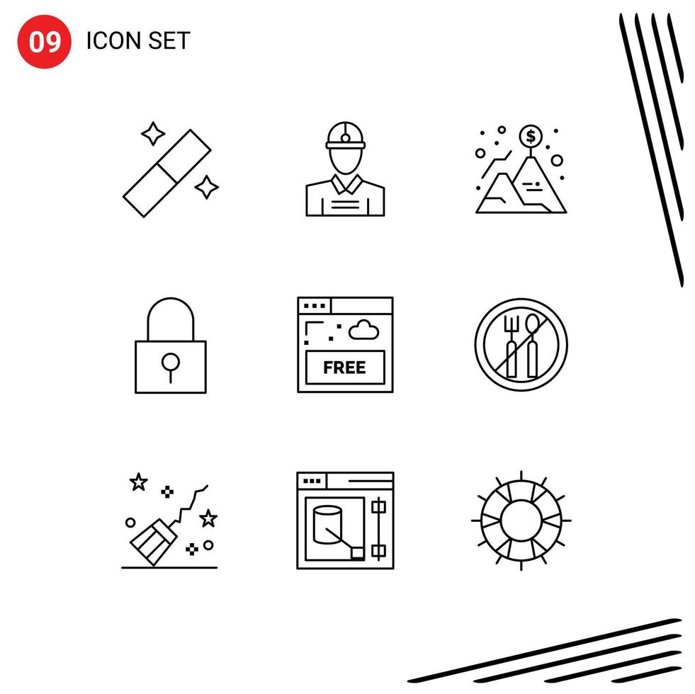 conjunto de 9 sinais de símbolos de ícones de interface do usuário modernos para bandeira de senha segura gratuita, bloqueio de senha, bloqueio de elementos de design de vetores editáveis