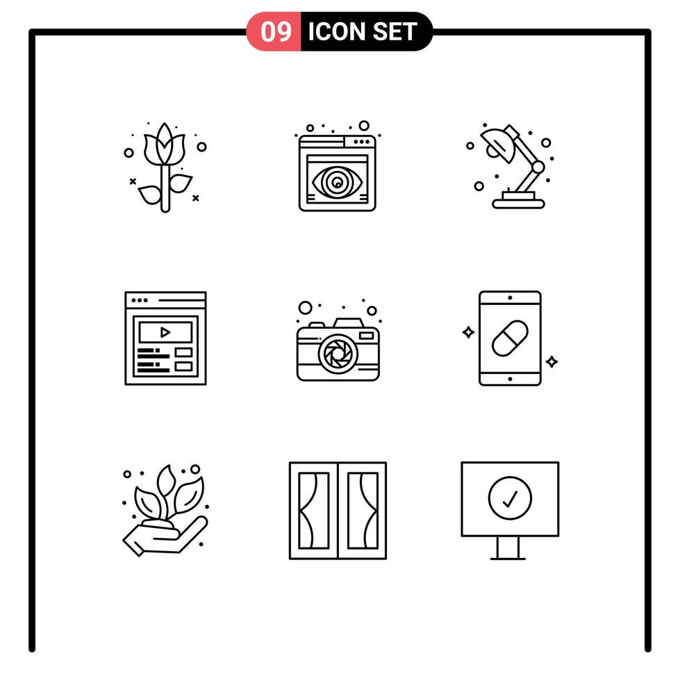 conjunto moderno de 9 contornos e símbolos, como interface de usuário de lâmpada da web de fotografia, elementos de design de vetores editáveis de conteúdo personalizado
