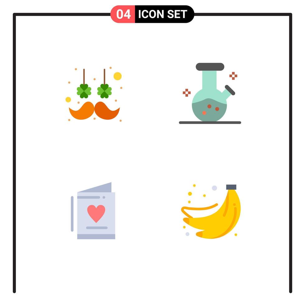 conjunto de ícones planos de interface móvel de 4 pictogramas de pêlos faciais poção de flores de amor bananas elementos de design de vetores editáveis