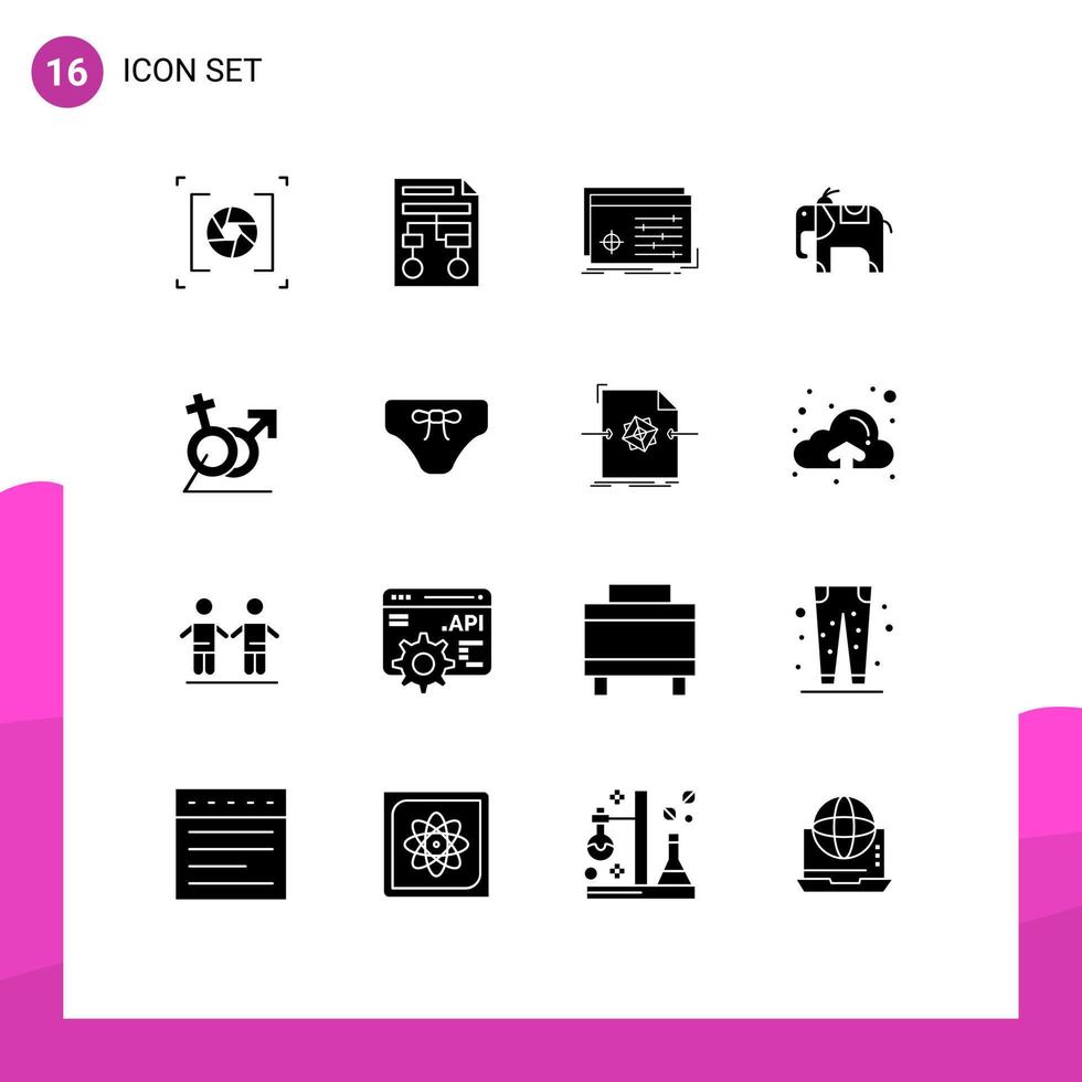 16 ícones criativos, sinais e símbolos modernos de mulheres, documentos de animais, configurações de elefantes, elementos de design de vetores editáveis
