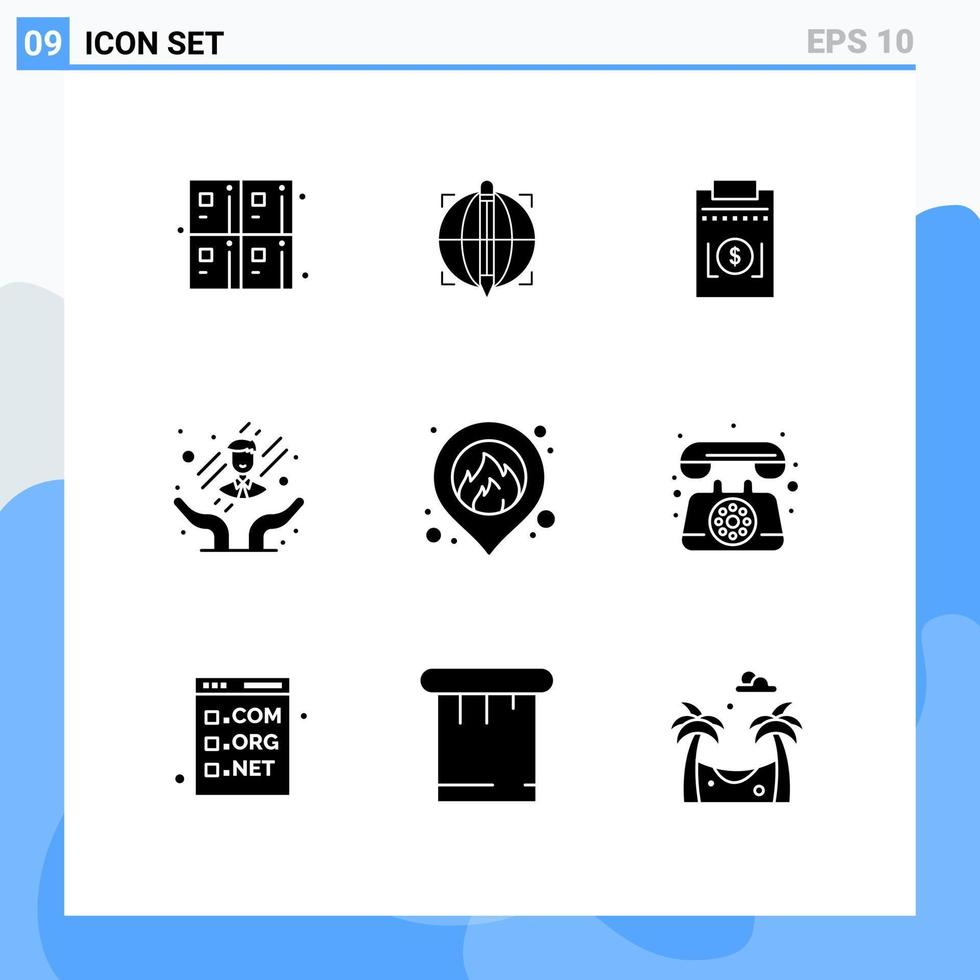 conjunto moderno de 9 pictogramas sólidos de glifos de despesas de incêndio de mapas, cuidados com funcionários, cuidados com funcionários, elementos de design de vetores editáveis