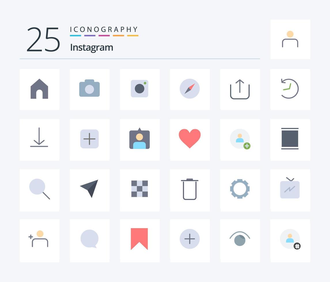 pacote de ícones de cores planas do instagram 25, incluindo logotipo. Envio. foto. pra cima. navegação vetor
