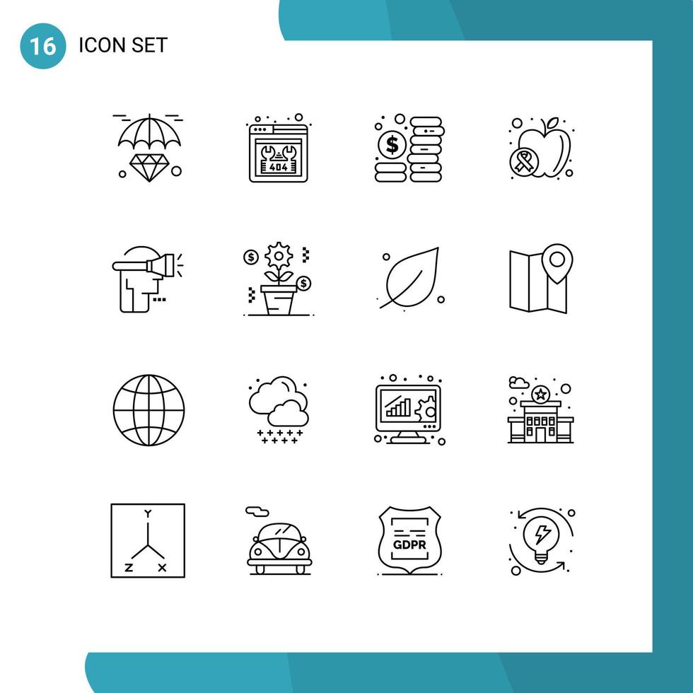 grupo de símbolos de ícone universal de 16 contornos modernos de elementos de design de vetores editáveis de maçã de bem-estar de orçamento alimentar humano