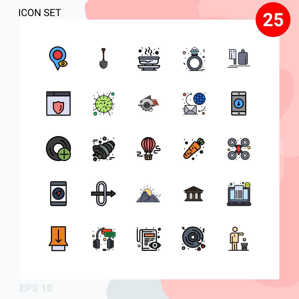 25 cores planas de linha preenchida universal definidas para aplicativos da web e móveis presente presente cavando comida de diamante elementos de design de vetores editáveis