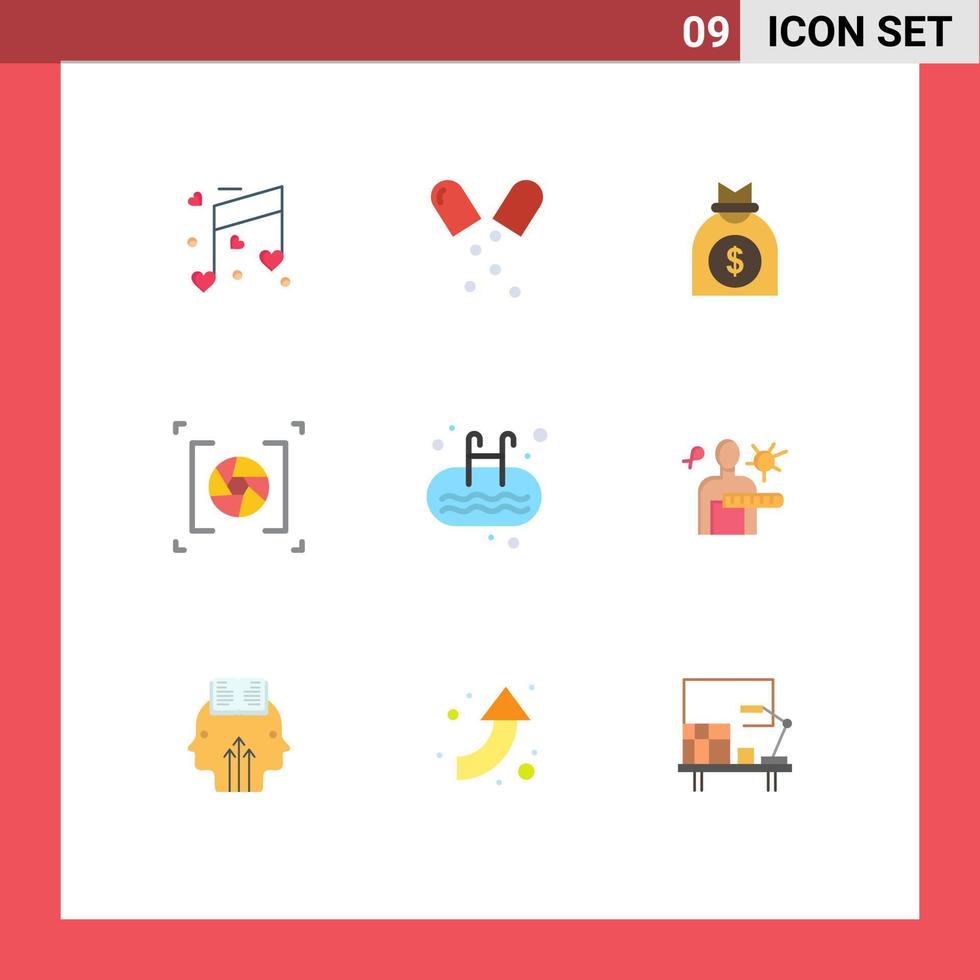 pacote de 9 sinais e símbolos modernos de cores planas para mídia impressa na web, como elementos de design vetorial editáveis de câmera de lente capital de fotografia de escada vetor