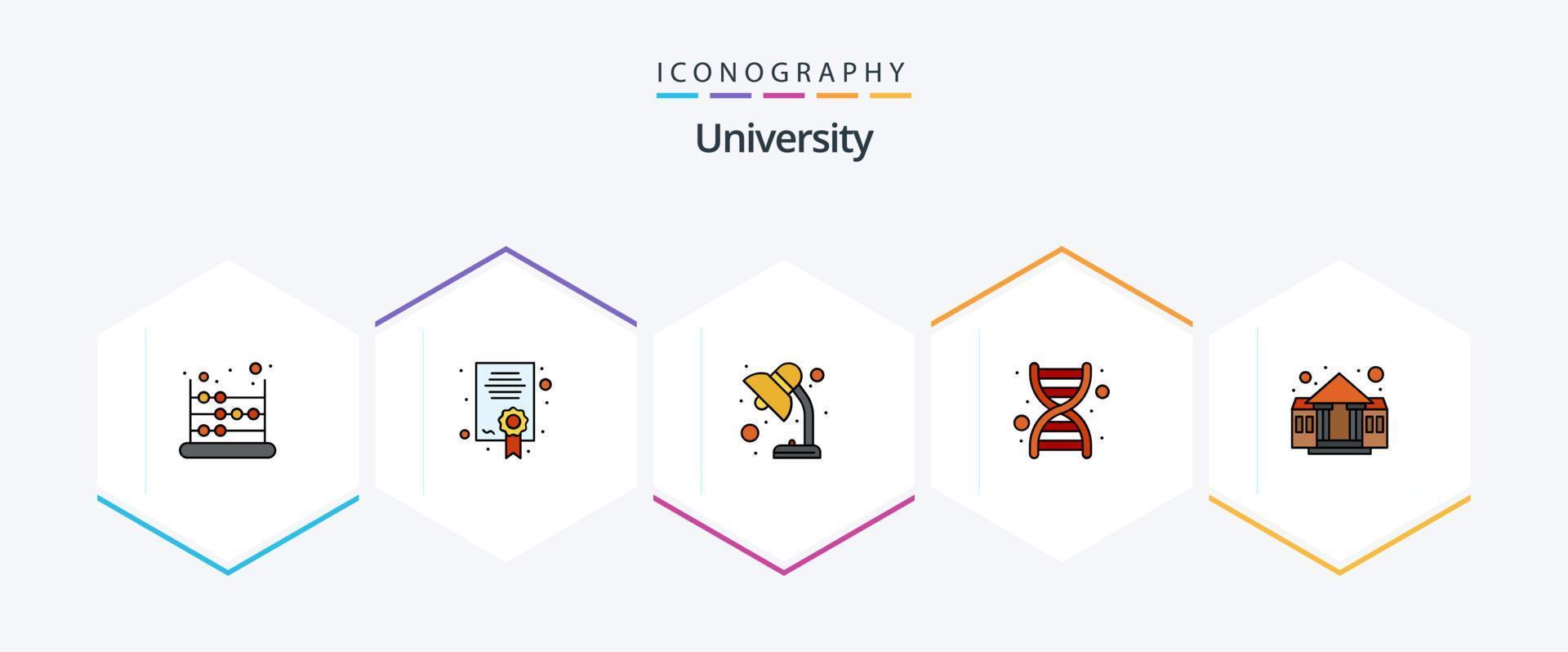 universidade 25 pacote de ícones de linha preenchida, incluindo faculdade. luminária. genoma. dna vetor