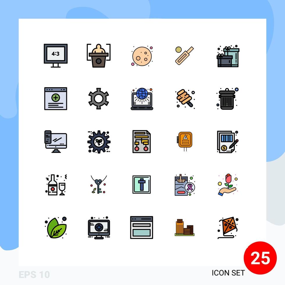 pacote de cores planas de linha preenchida de 25 símbolos universais da caixa do navegador, planeta, aniversário, críquete, elementos de design vetorial editáveis vetor