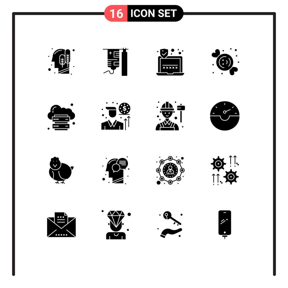 16 ícones criativos sinais modernos e símbolos de infraestrutura nuvem senha doces sobremesa elementos de design vetoriais editáveis vetor
