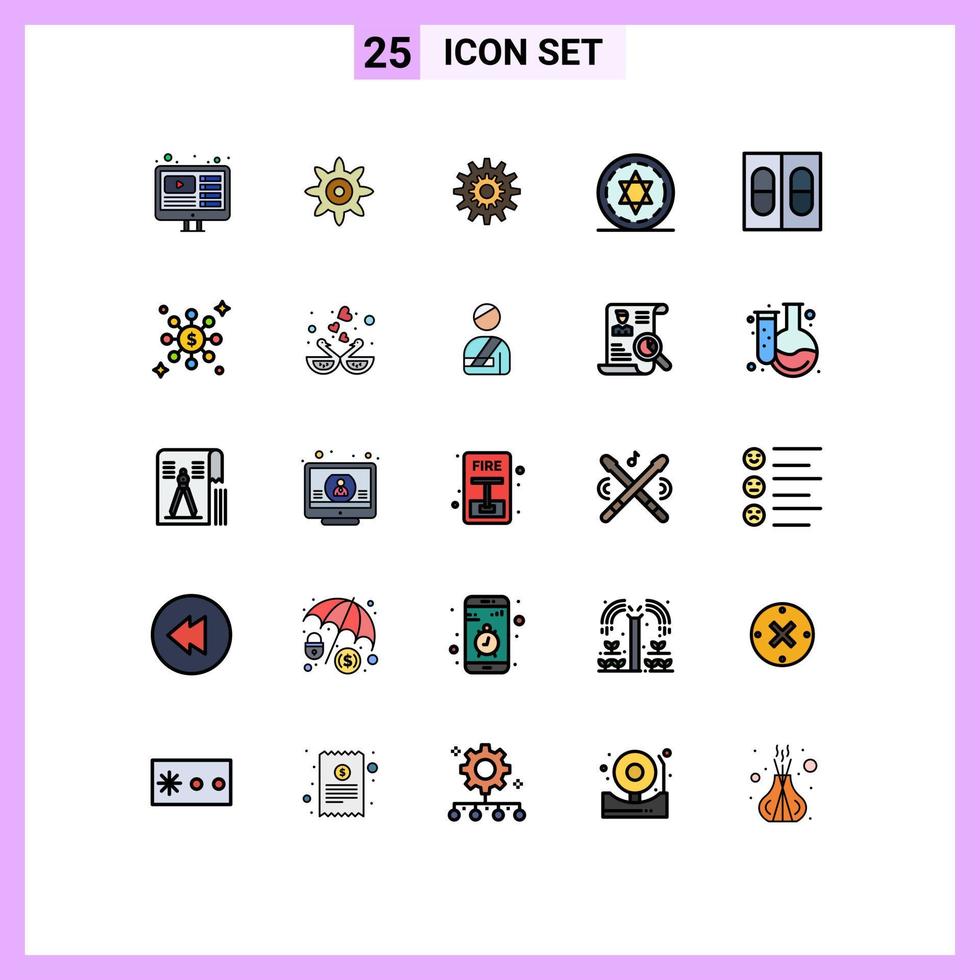 grupo de símbolos de ícone universal de 25 cores planas de linha preenchida moderna de pílulas engrenagem mágica trabalho de halloween elementos de design de vetores editáveis