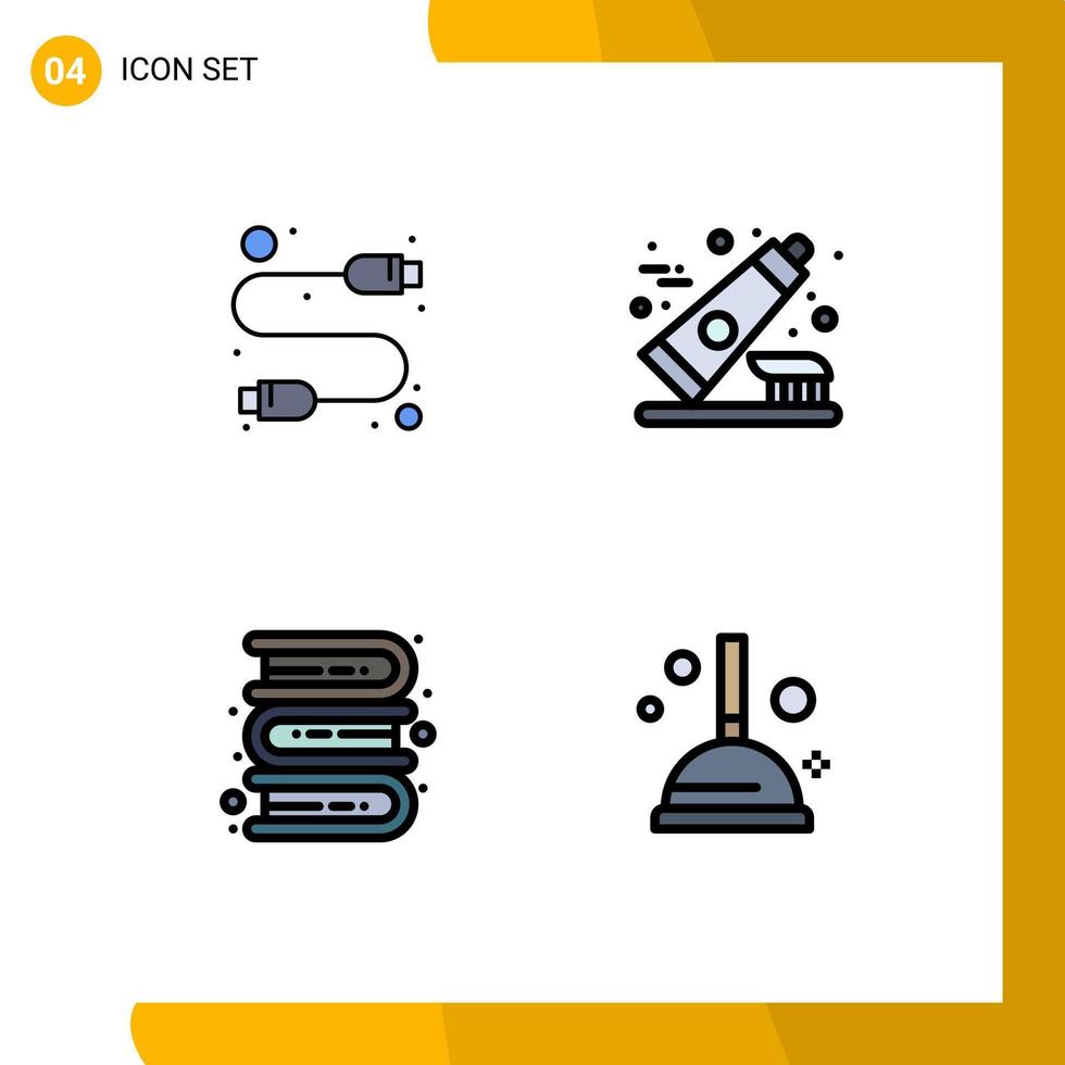 conjunto de cores planas de linha preenchida de interface móvel de 4 pictogramas de educação a cabo pasta de dente usb aprendendo elementos de design de vetores editáveis