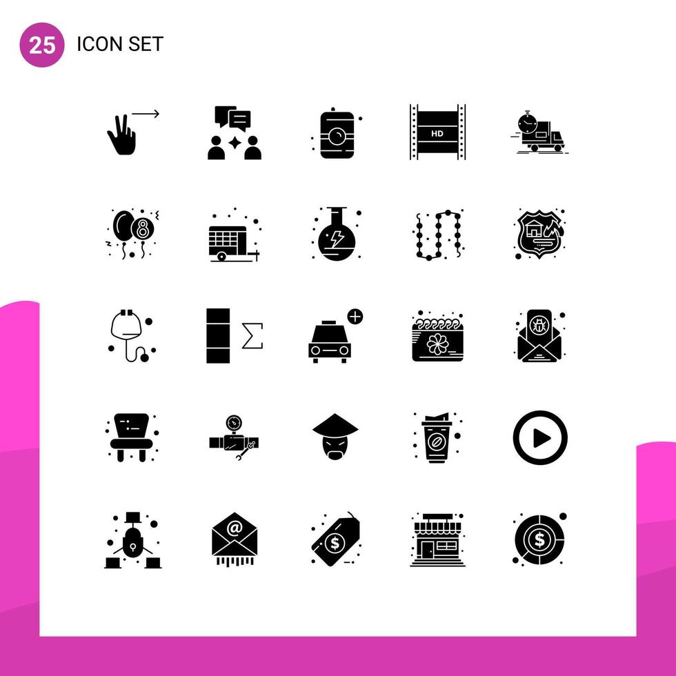conjunto de pictogramas de 25 glifos sólidos simples de vídeo de definição de tempo pode alta hd em elementos de design de vetores editáveis de filmagem