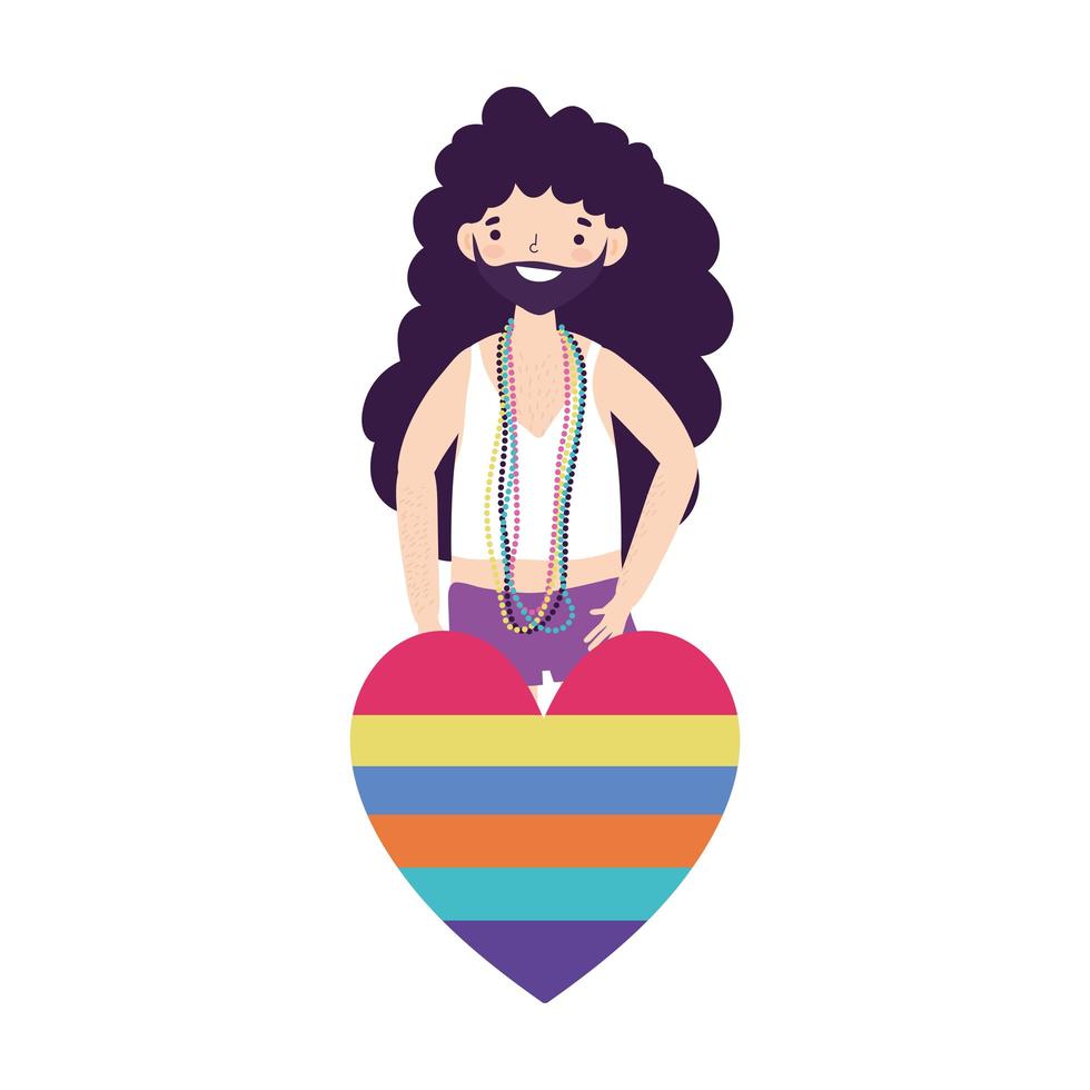 Parada do Orgulho LGBT comunidade gay barbudo com arco-íris em comemoração ao coração vetor