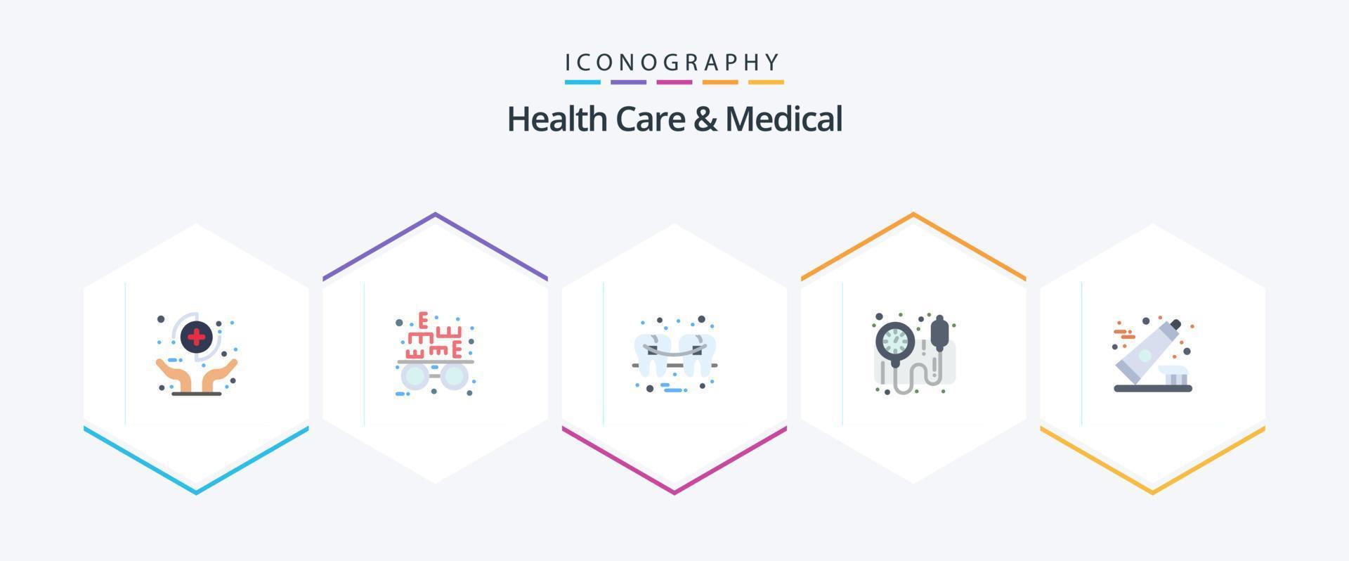 cuidados de saúde e pacote médico de 25 ícones planos, incluindo escova de dentes. monitor de bp. dental. medidor de pb. arame vetor
