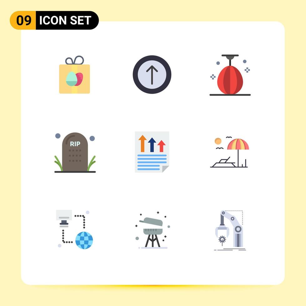 pacote de cores planas de 9 símbolos universais de setas sepultura boxe funeral cemitério elementos de design de vetores editáveis