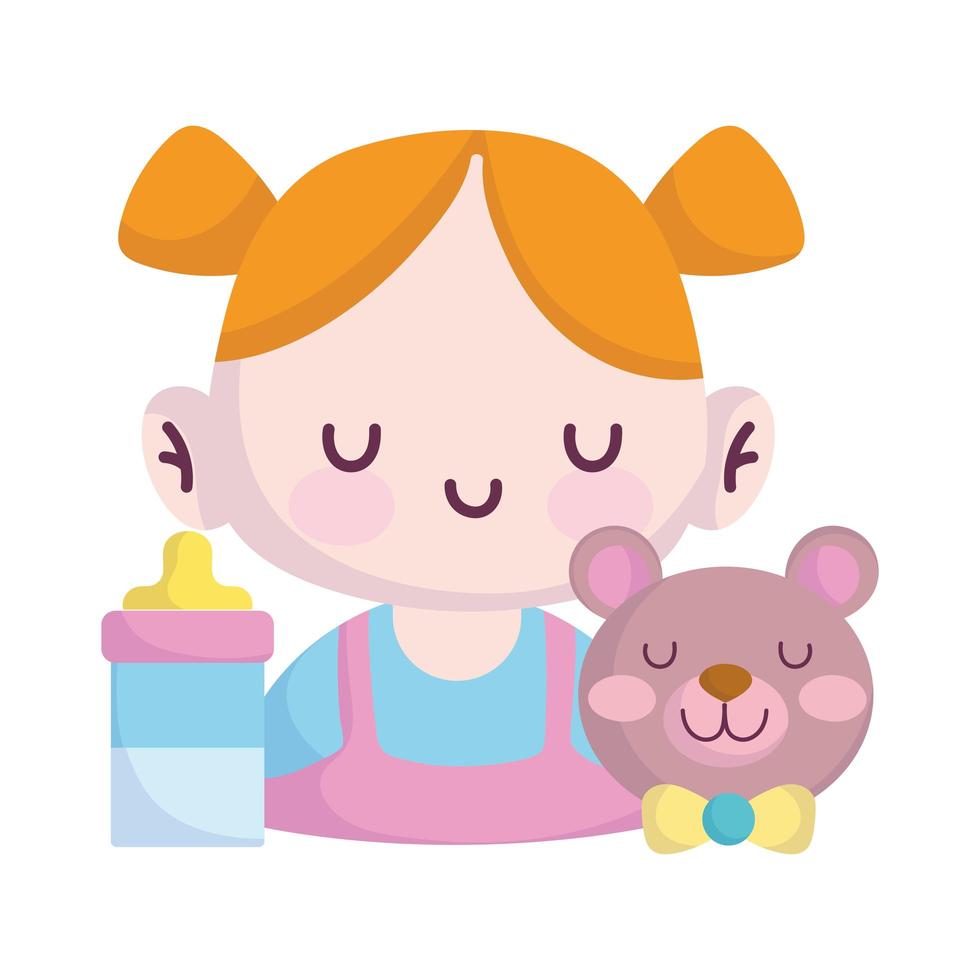 chá de bebê, decoração de ração de mamadeira com menina urso, anúncio de cartão de boas-vindas ao recém-nascido vetor