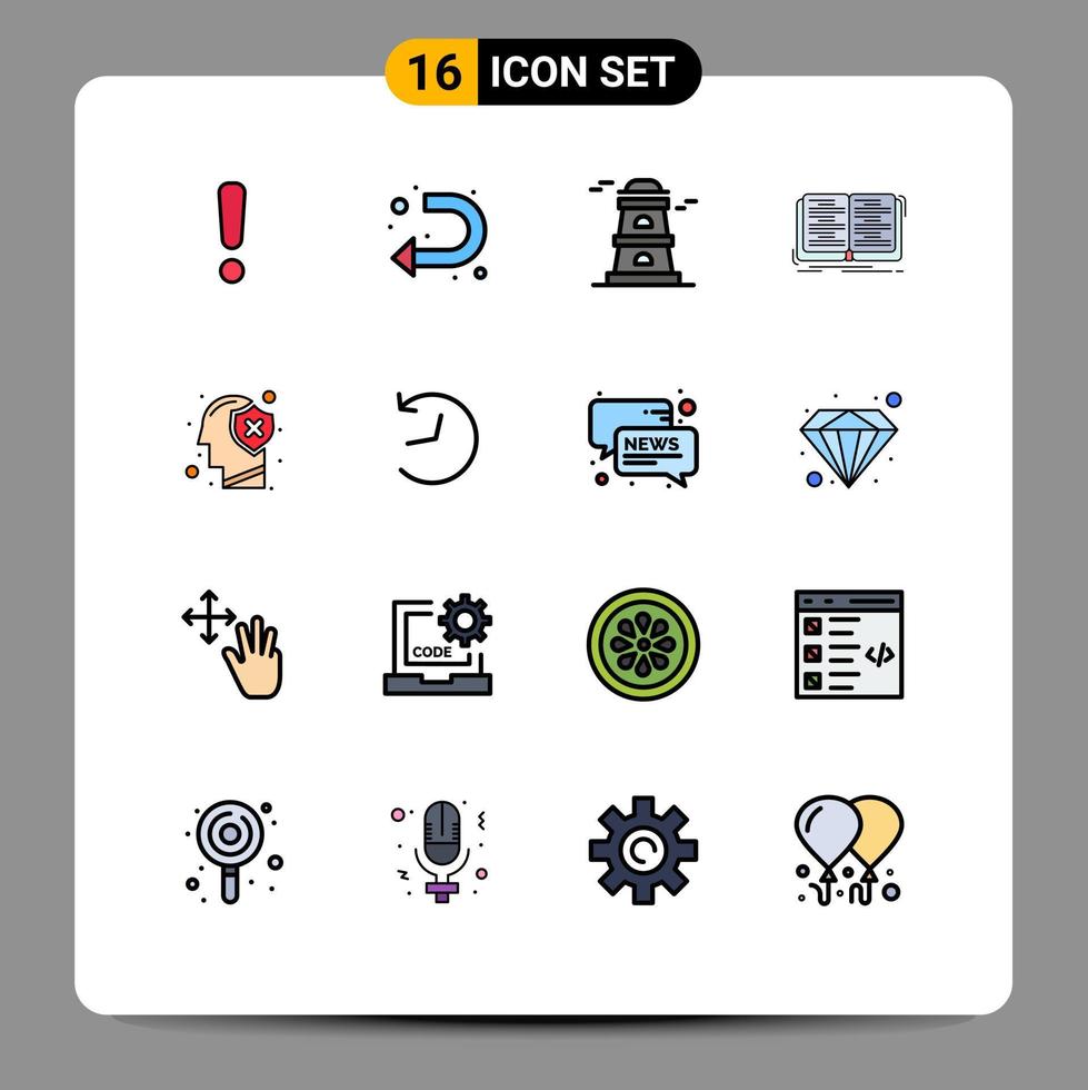 pacote de interface do usuário de 16 linhas básicas de cores planas preenchidas do observatório do cérebro humano estudar educação elementos de design de vetores criativos editáveis