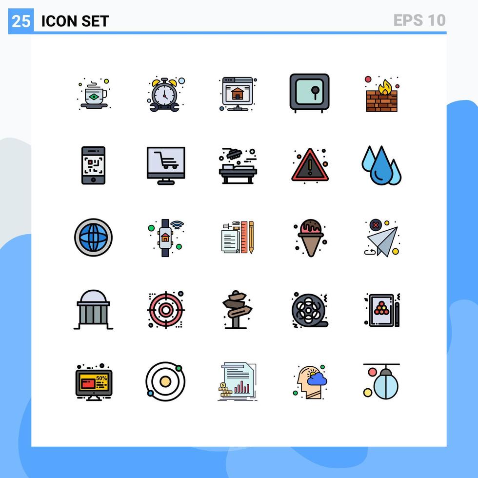 pacote de cores planas de linha preenchida de 25 símbolos universais de elementos de design de vetores editáveis de banco de ouro de backup de dinheiro de firewall