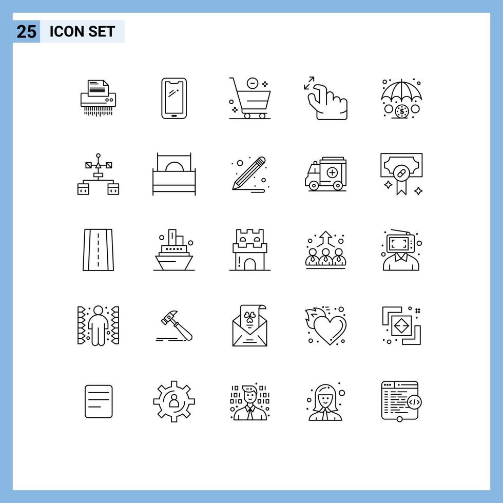 25 sinais de linha universal símbolos de mão menos telefone inteligente e carrinho elementos de design de vetores editáveis