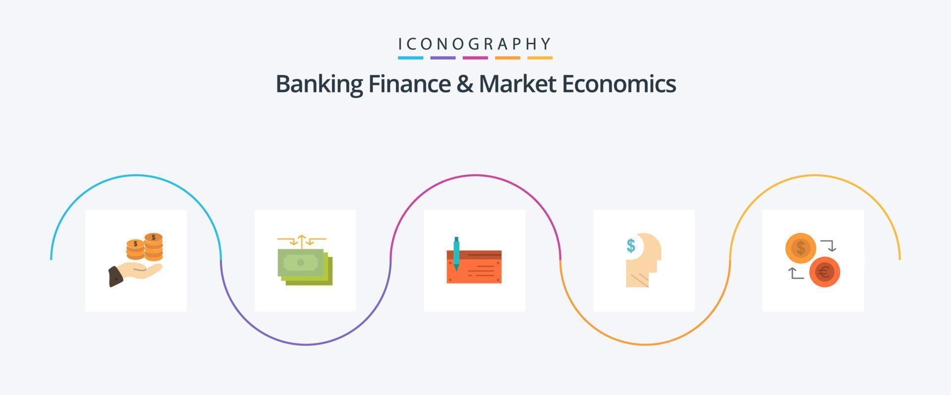 finanças bancárias e economia de mercado flat 5 icon pack incluindo finanças. banco. dólar. conta. relatório vetor