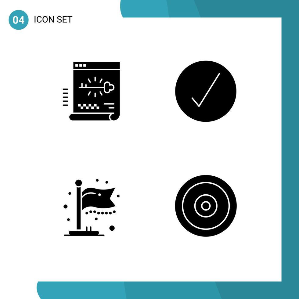conjunto de glifos sólidos de interface móvel de 4 pictogramas de elementos de design de vetores editáveis de marco de documento de acabamento chave