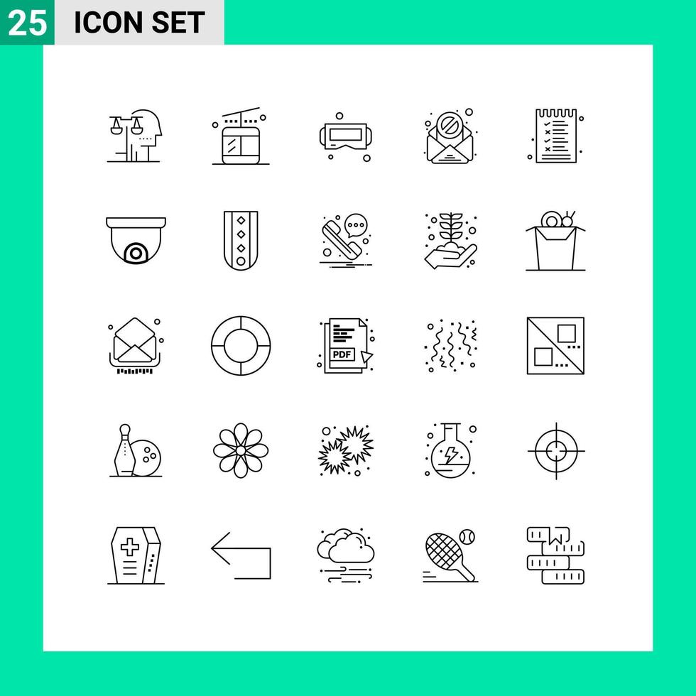 grupo de símbolos de ícones universais de 25 linhas modernas de menu, dispositivo de comida, vírus, e-mail, elementos de design vetorial editáveis vetor