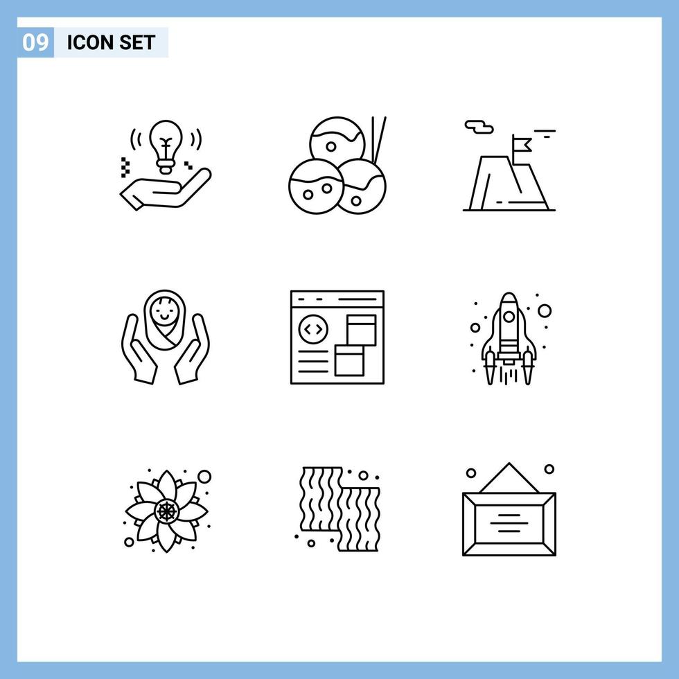 9 ícones criativos, sinais e símbolos modernos do logotipo de cuidados infantis de aplicativos, mãos de cuidados infantis de montanha, elementos de design vetorial editáveis vetor