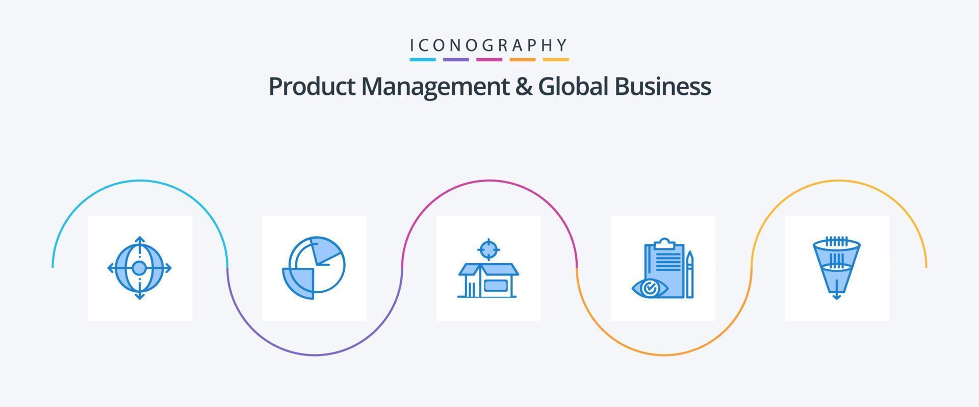 gerenciamento de produtos e pacote de ícones azul 5 de negócios globais, incluindo plano. lista de controle. monitoramento. atrasos. produtos vetor