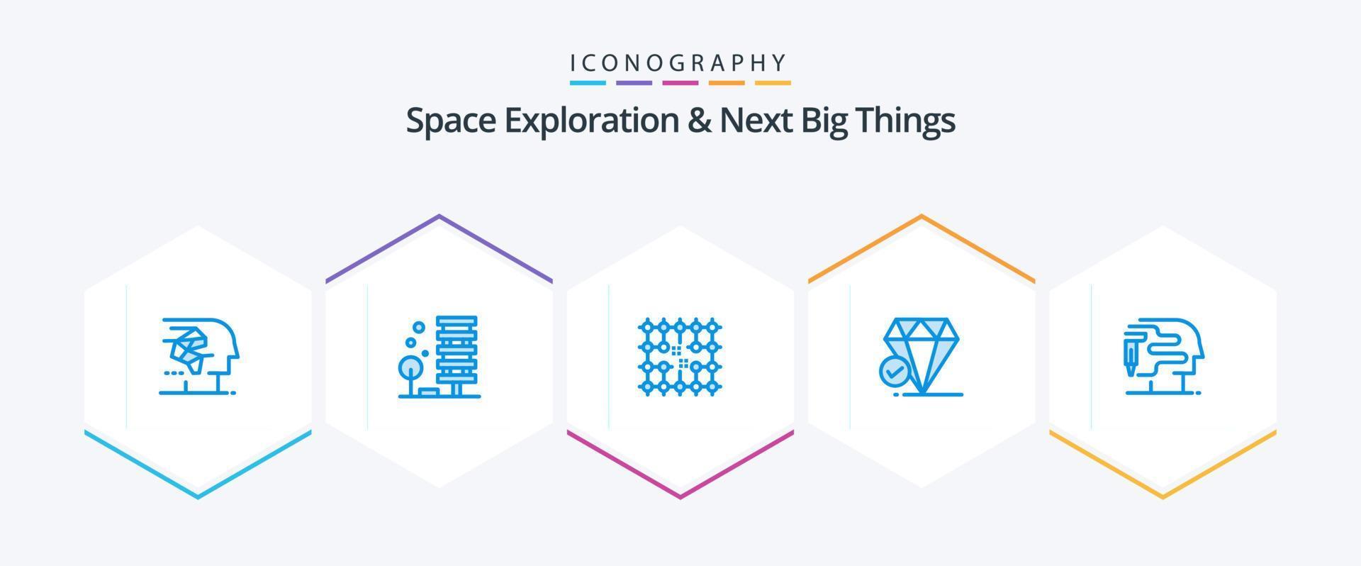 exploração espacial e as próximas grandes coisas 25 pacote de ícones azuis, incluindo grande pensamento. diamante. cidade. material. eletricidade vetor