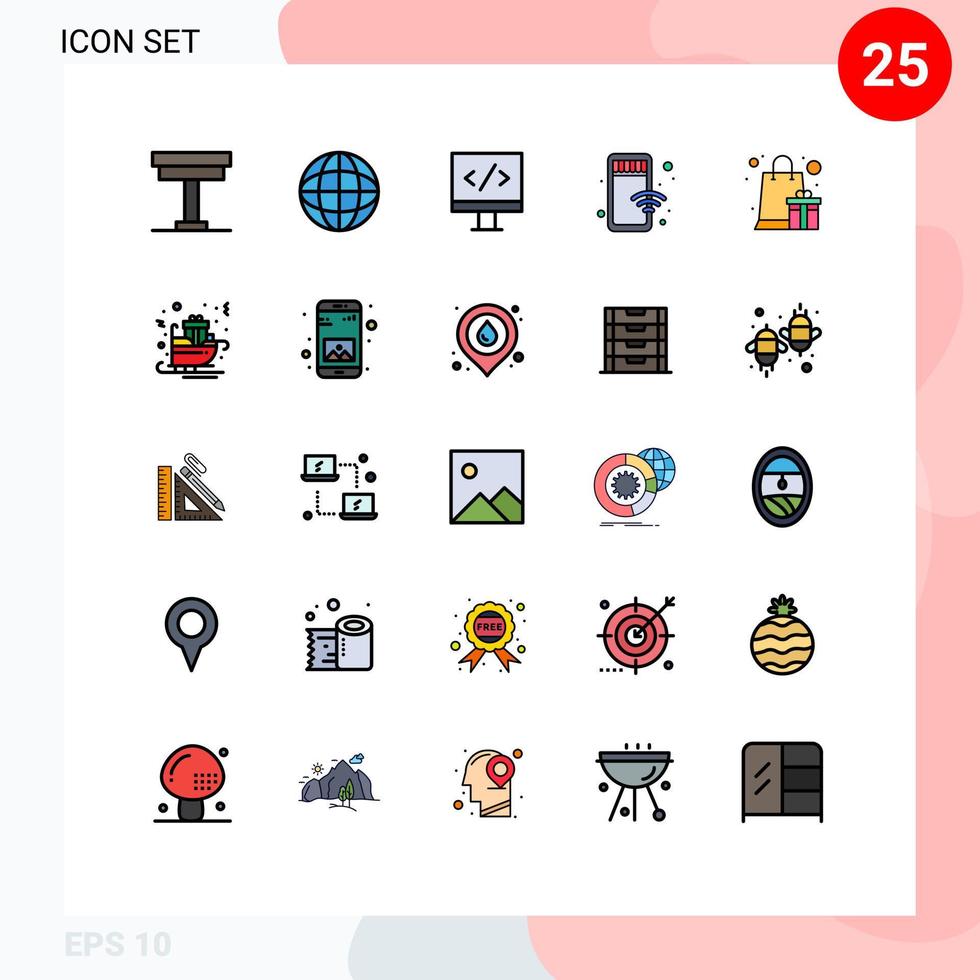 25 cores planas de linha preenchida universal definidas para aplicativos da web e móveis presentes caixa de presente loja de computadores on-line elementos de design de vetores editáveis