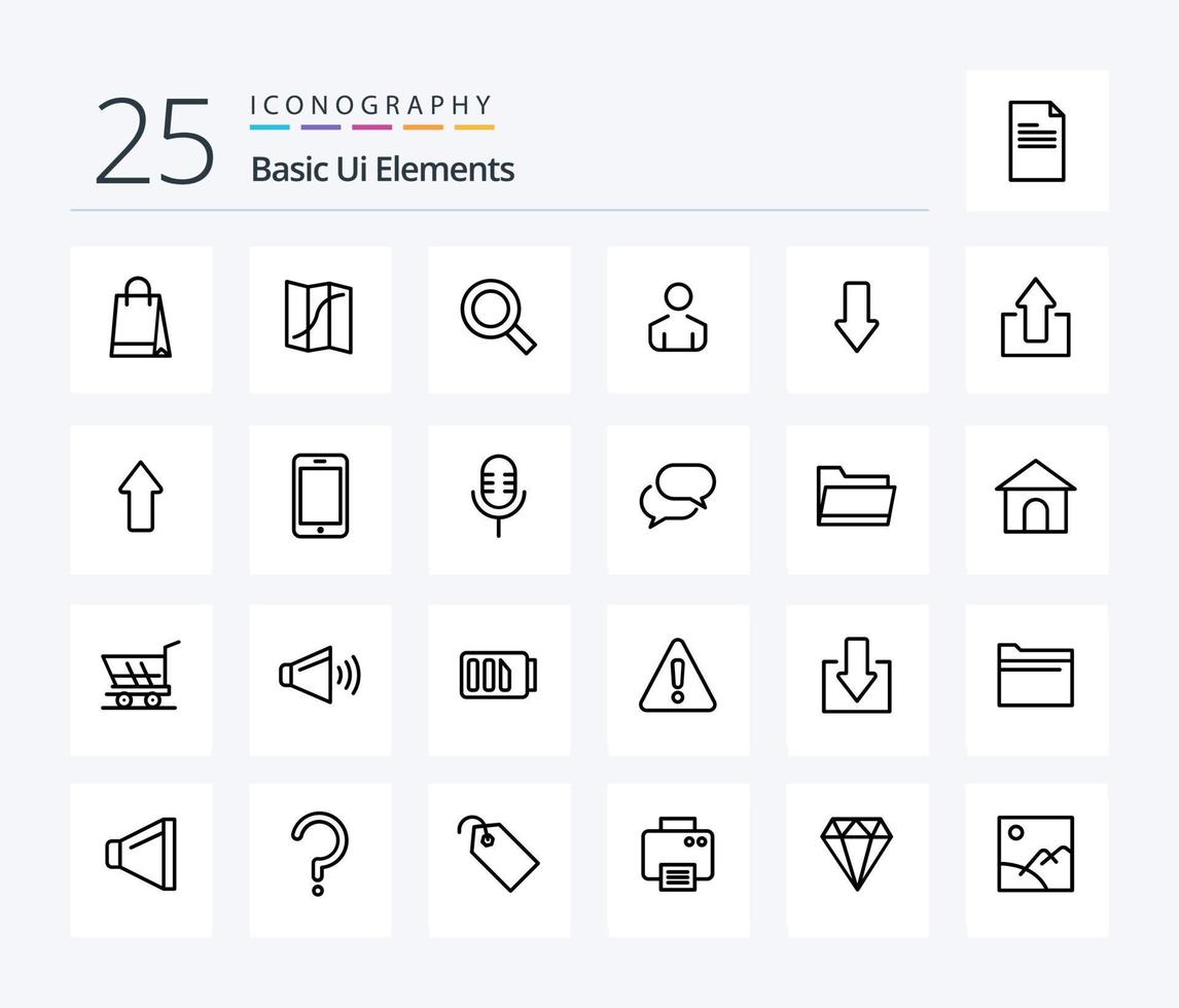 elementos básicos da interface do usuário pacote de ícones de 25 linhas, incluindo para baixo. flecha. lupa. pessoa. macho vetor