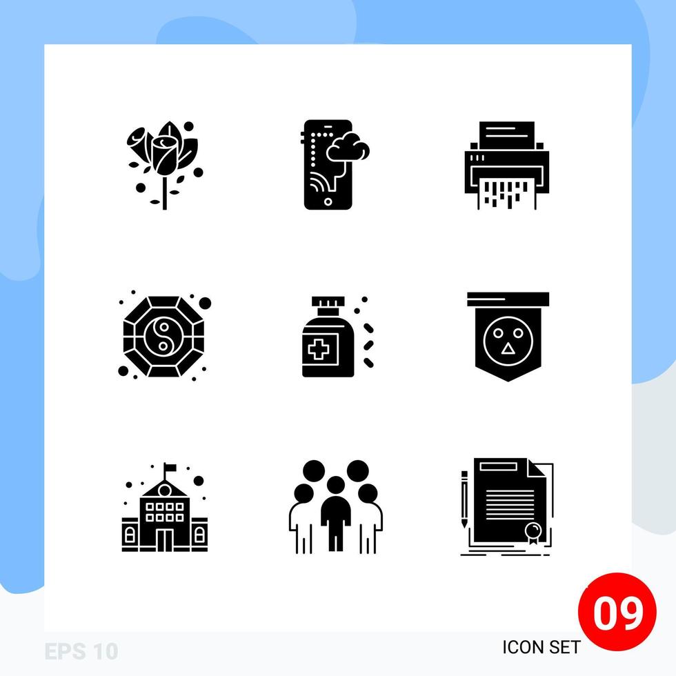 grupo de 9 glifos sólidos modernos definidos para elementos de design vetorial editáveis de arquivo de triturador confidencial yang fang vetor