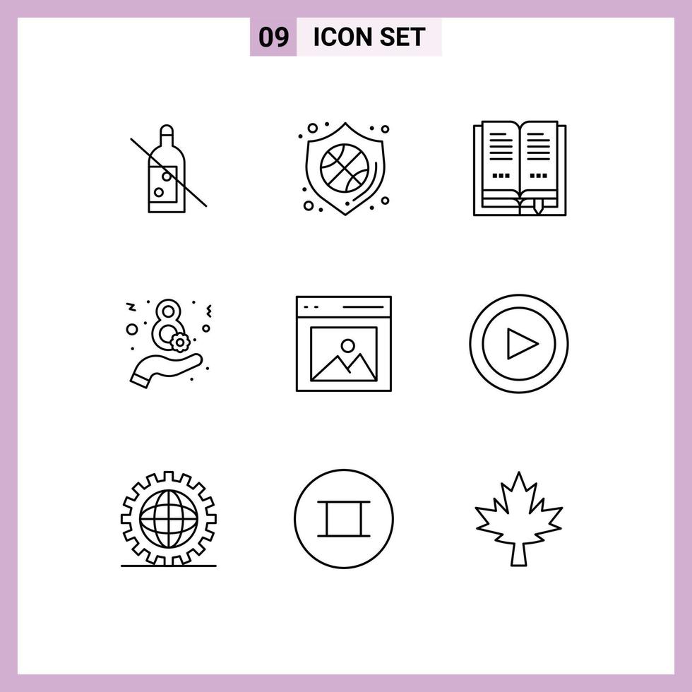 conjunto de 9 sinais de símbolos de ícones de interface do usuário modernos para comunicação de livro de conteúdo de imagem oito elementos de design de vetores editáveis
