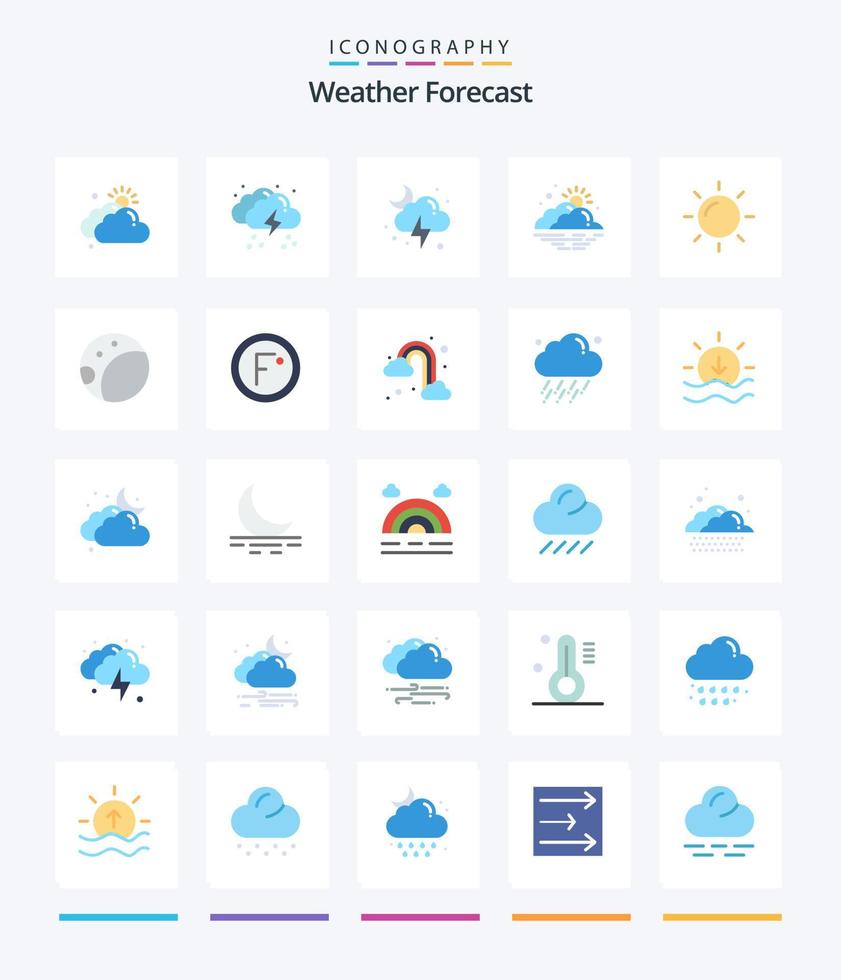 pacote de ícones planos de tempo criativo 25, como clima. névoa. claro. dia. tempestade vetor