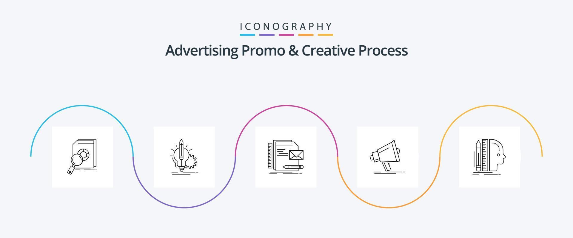 promoção de publicidade e pacote de ícones de linha de processo criativo 5, incluindo marketing. megafone. luminária. apresentação. identidade vetor