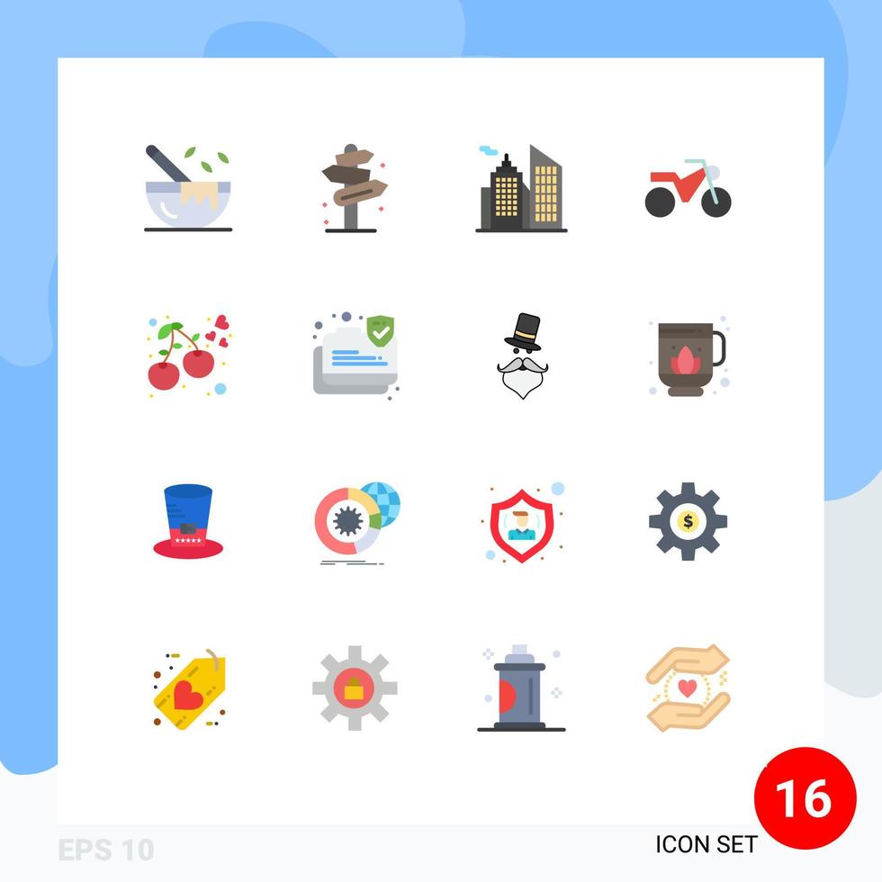 pacote de 16 sinais e símbolos modernos de cores planas para mídia impressa na web, como pacote editável de moto de coração de rua de baga de comida de elementos de design de vetores criativos
