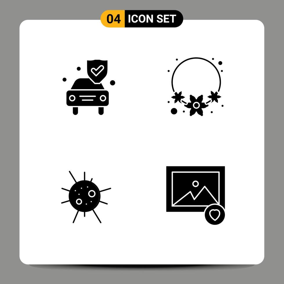 pacote de 4 sinais e símbolos de glifos sólidos modernos para mídia impressa na web, como escudo de vírus de carro, imagem da índia, elementos de design de vetores editáveis