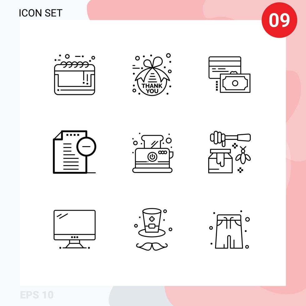 conjunto moderno de pictograma de 9 contornos de arquivo de pão documentos de ação de graças dinheiro elementos de design de vetores editáveis