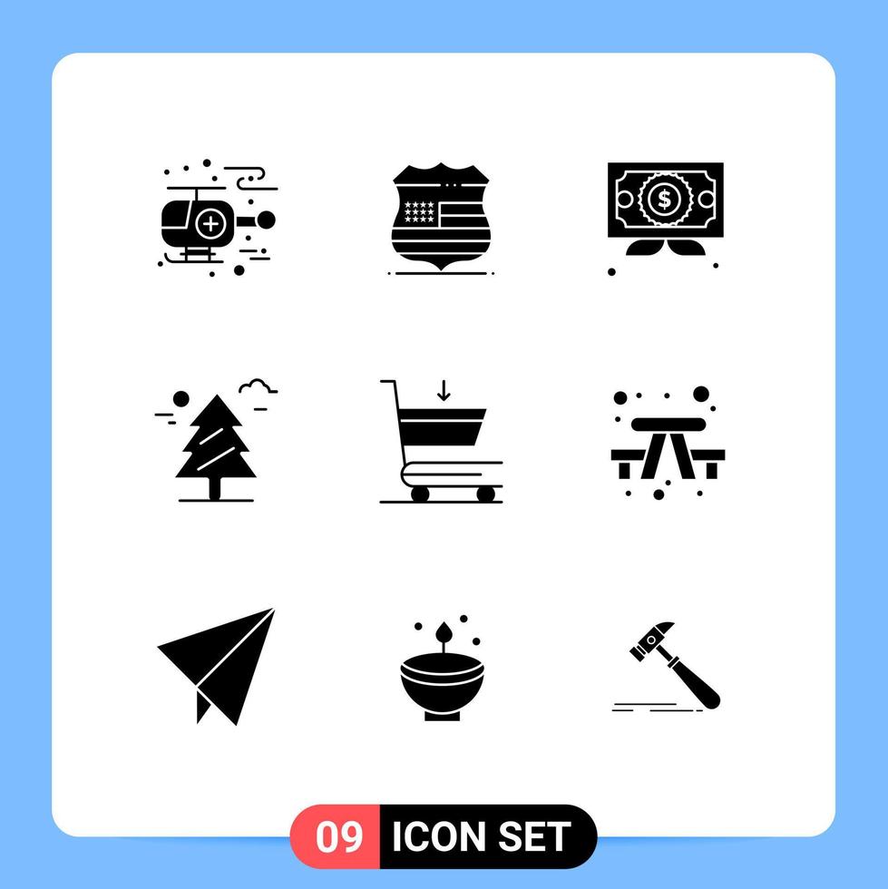 9 conceito de glifo sólido para sites móveis e aplicativos certificado de carrinho de compras canadá árvore editável elementos de design vetorial vetor