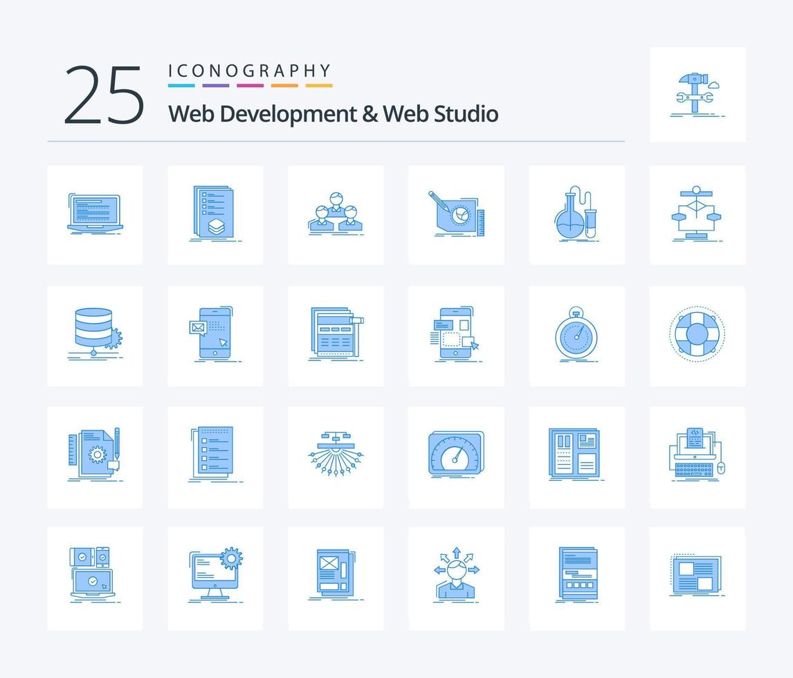 desenvolvimento web e pacote de ícones de 25 cores azuis do estúdio web, incluindo quadro. contente. listagem. equipe. grupo vetor