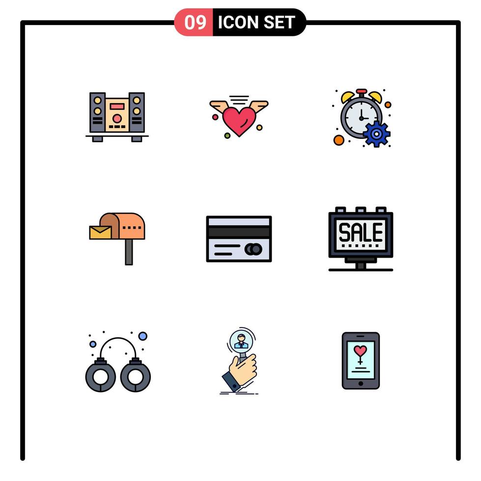 conjunto de 9 sinais de símbolos de ícones de interface do usuário modernos para caixa de cartão, caixa de correio, caixa de correio, elementos de design de vetores editáveis