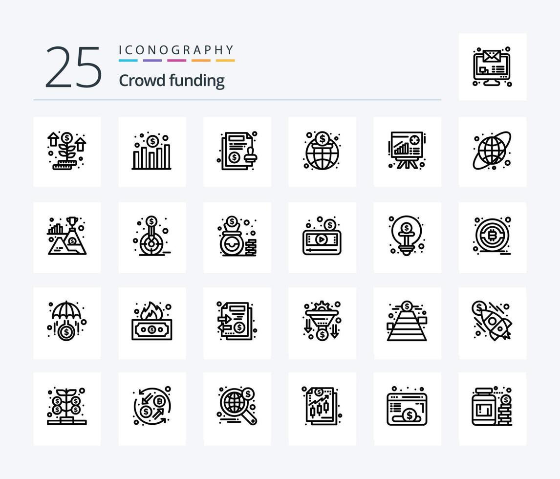 pacote de ícones de 25 linhas de crowdfunding, incluindo gráfico. finança. acordo. mercado. economia vetor